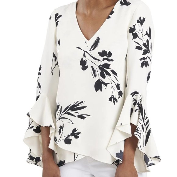Vince Camuto Ivory & Black Floral Print V-neck Trumpet Sleeve Top - Picture 2 of 3